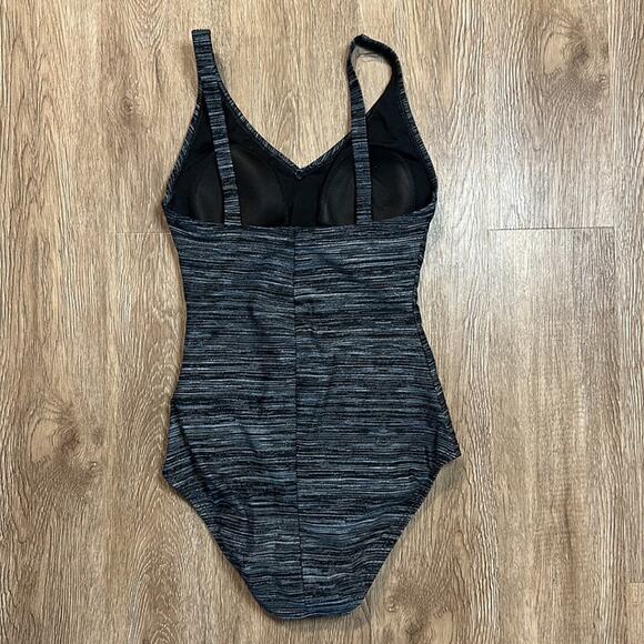 Speedo One Piece V-Neck Swimsuit Black & Grey Heathered Size 6 Ruched - Picture 4 of 6